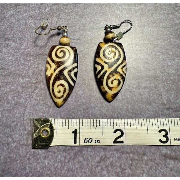Vintage Tribal-Inspired Shell Carved Earrings With Spiral Design & Hook Closure - Picture 8 of 8